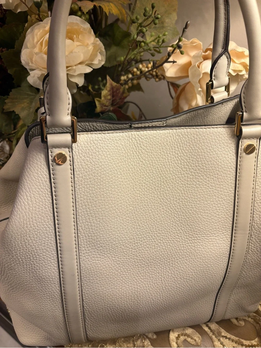 Michael Kors Pebbled Leather Satchel in Light Gray Cream
